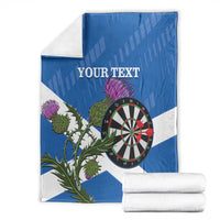 Folded blue and white Scottish flag style darts blanket with dartboard and thistle, Your Text.