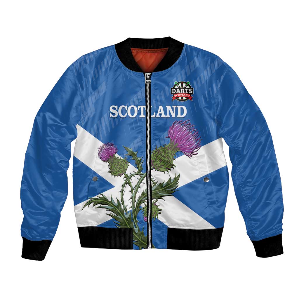 Blue bomber jacket with Scottish flag graphic, thistle flowers, and darts logo on chest