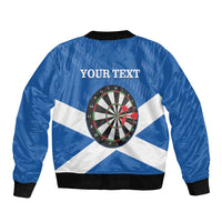 Blue bomber jacket back with dartboard and Scottish flag stripes, black ribbed cuffs