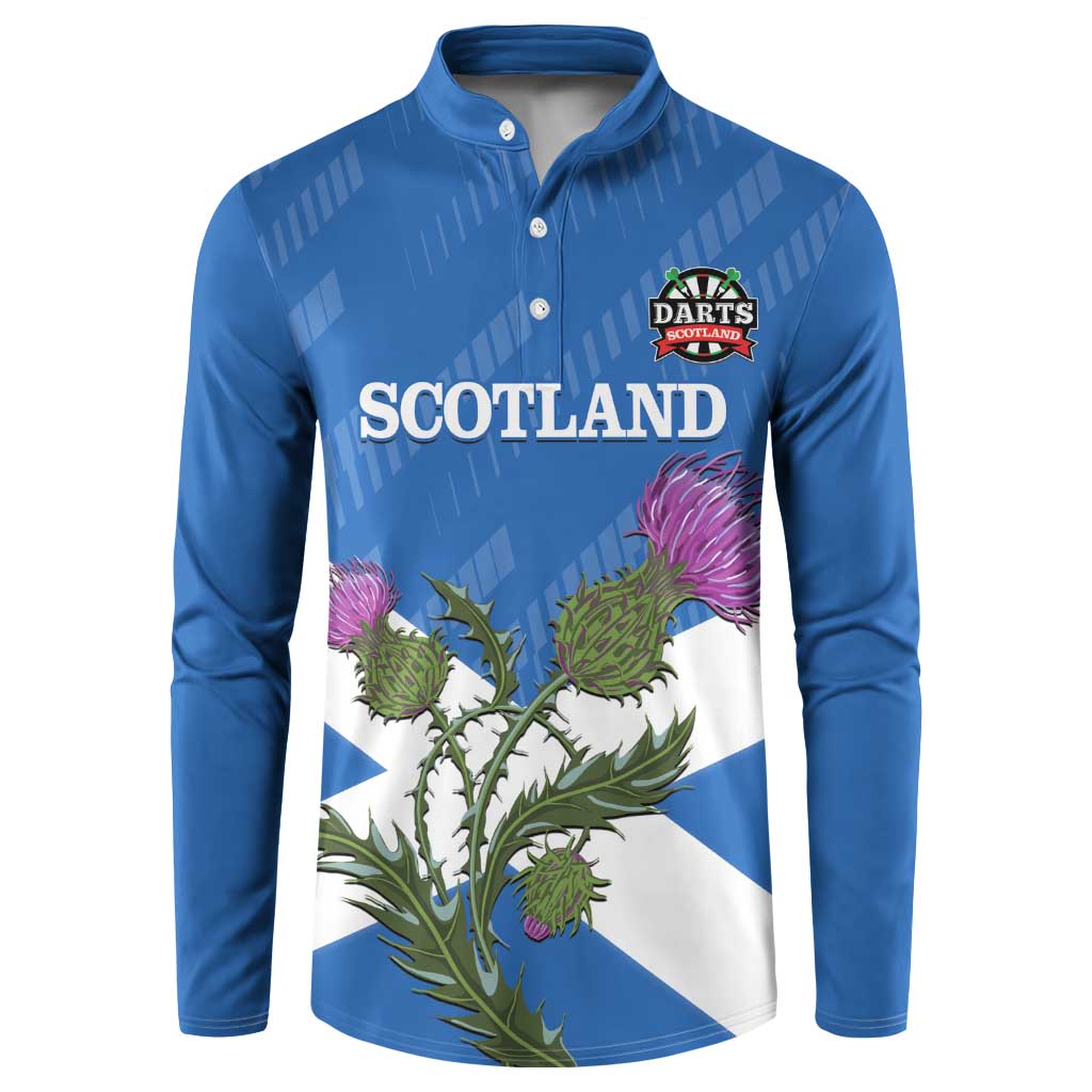Blue button sweatshirt with Scotland graphic, darts logo, and thistle on flag design