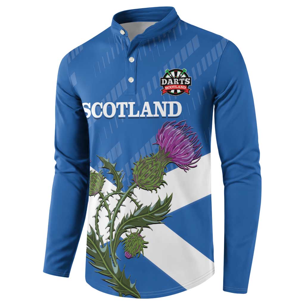 Blue button sweatshirt front with Scotland text, darts logo, and thistle flag print
