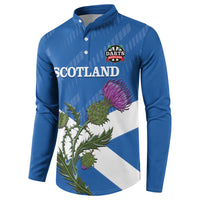 Blue button sweatshirt front with Scotland text, darts logo, and thistle flag print