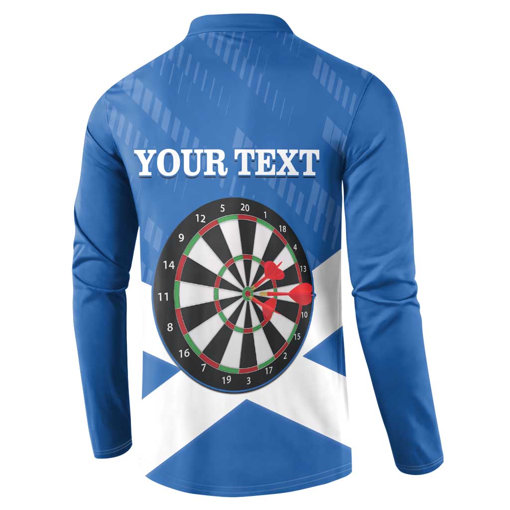 Blue button sweatshirt back with YOUR TEXT and dartboard over Scotland flag pattern