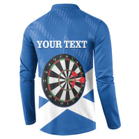Blue button sweatshirt back with YOUR TEXT and dartboard over Scotland flag pattern