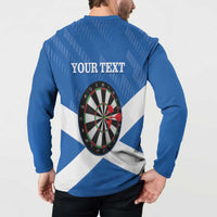 Blue button sweatshirt back view with YOUR TEXT and dartboard graphic on flag print