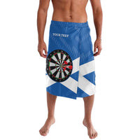 Blue flag-style darts lavalava shorts with dartboard graphic and elastic waist