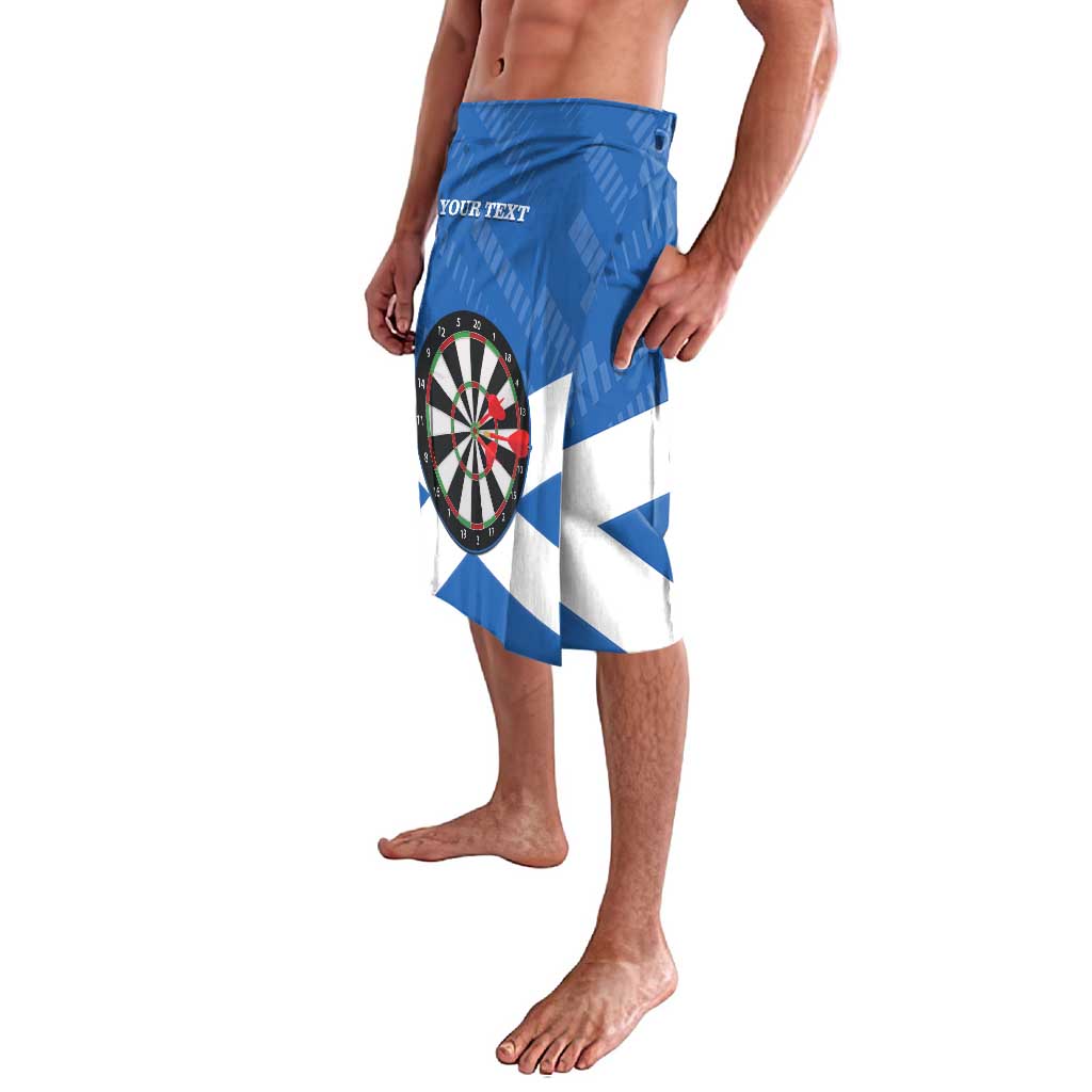Blue flag-style darts lavalava shorts with dartboard graphic and star patch, elastic waist