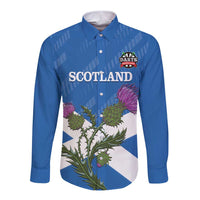 Blue long-sleeve button-up shirt with Scotland darts front graphic and thistle design