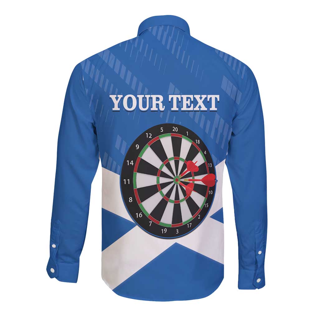 Blue long-sleeve button-up shirt with back text 'YOUR TEXT' and dartboard graphic