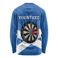 Blue long-sleeve darts shirt with your text and dartboard graphic