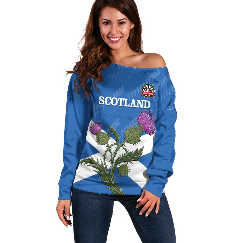 Personalised Scotland Darts Off Shoulder Sweater Scottish Thistle - Flag Style