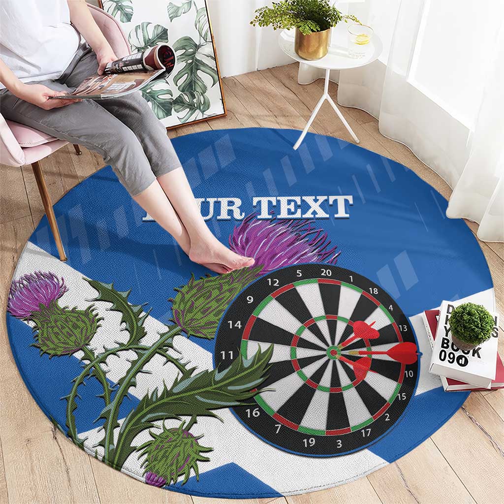 Blue round darts carpet showing dartboard, green thistle design, and 'YOUR TEXT'
