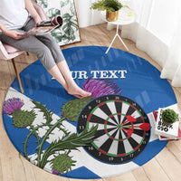 Blue round darts carpet showing dartboard, green thistle design, and 'YOUR TEXT'
