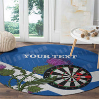 Blue round darts carpet with dartboard and thistle vines, 'YOUR TEXT' printed above