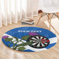 Blue round darts carpet with dartboard and thistle artwork, personalized 'YOUR TEXT'