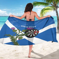 Personalized Scotland darts sarong worn as wrap, blue-and-white stripes, thistle and dartboard.