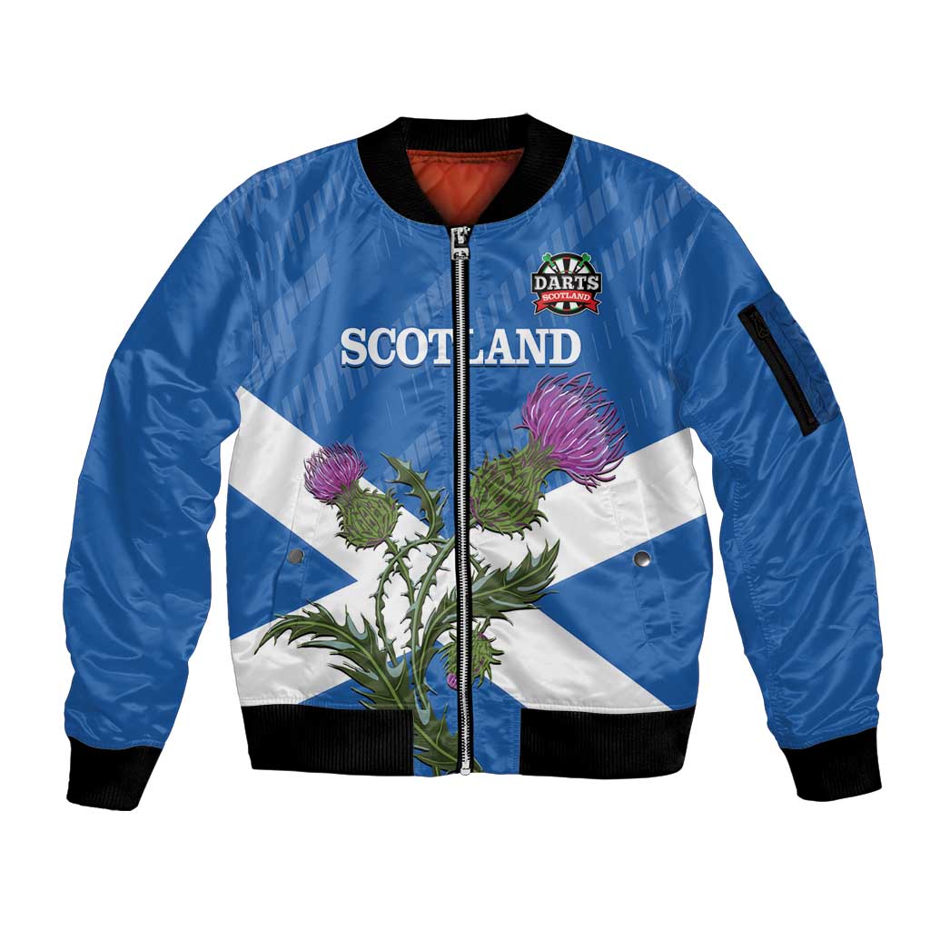 Personalised Scotland Darts Sleeve Zip Bomber Jacket Scottish Thistle - Flag Style