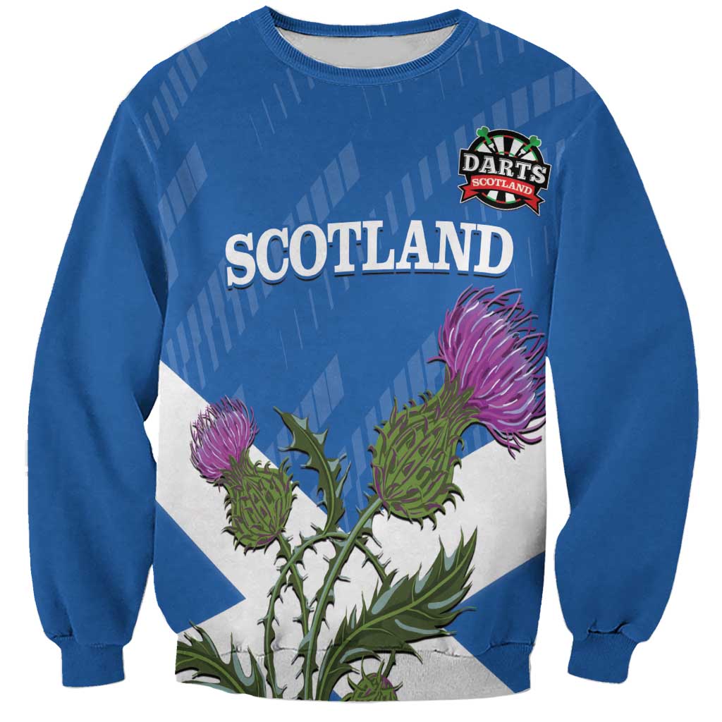 Blue crewneck sweatshirt with Scotland print, thistle and Darts Scotland logo