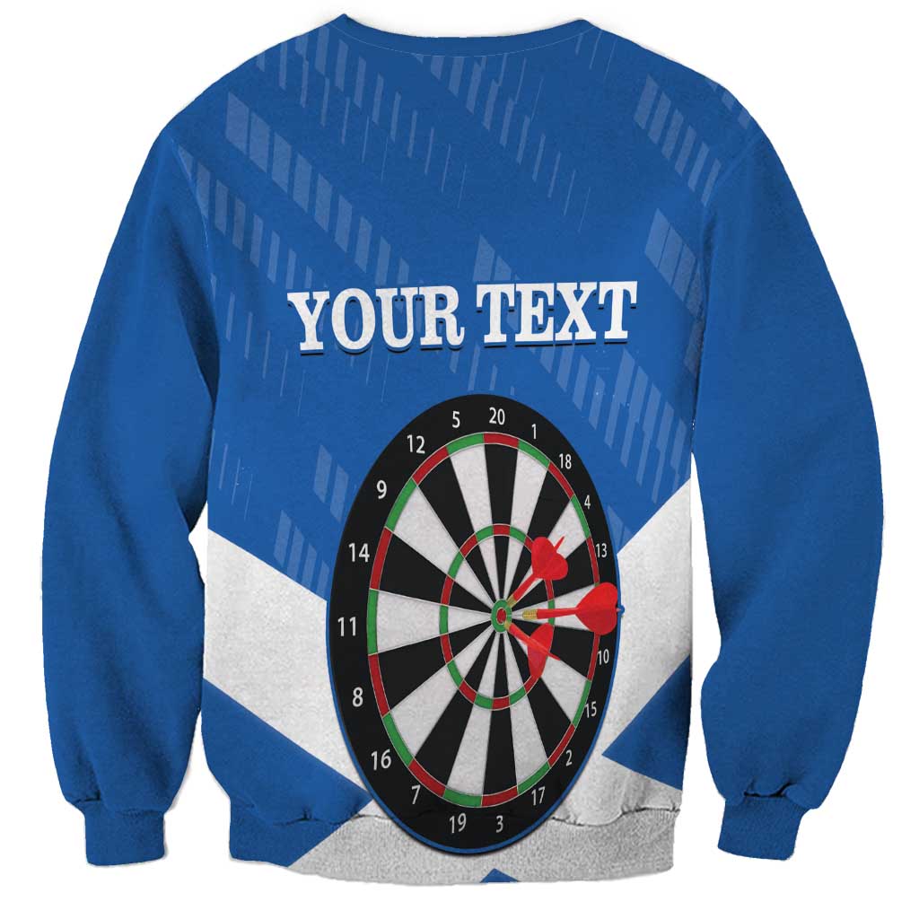 Blue crewneck sweatshirt with dartboard and 'YOUR TEXT' graphic on back