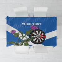 Blue and white Scotland darts tablecloth with dartboard and thistle design