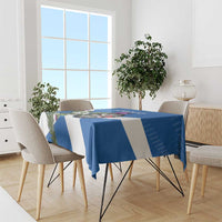 Blue and white Scotland darts tablecloth on dining table with dartboard and diagonal stripes