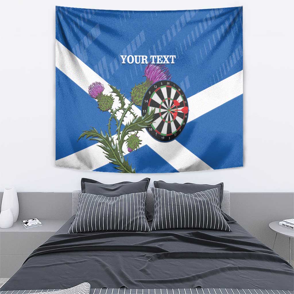 Scotland darts tapestry with saltire stripes, dartboard, thistle, YOUR TEXT