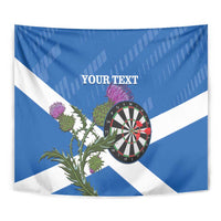 Scotland darts tapestry close-up: blue/white saltire, dartboard, thistle, YOUR TEXT