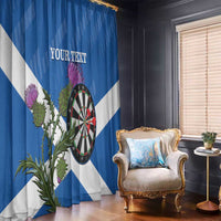Blue and white Scotland flag window curtain panel with thistle, dartboard, and personalized text