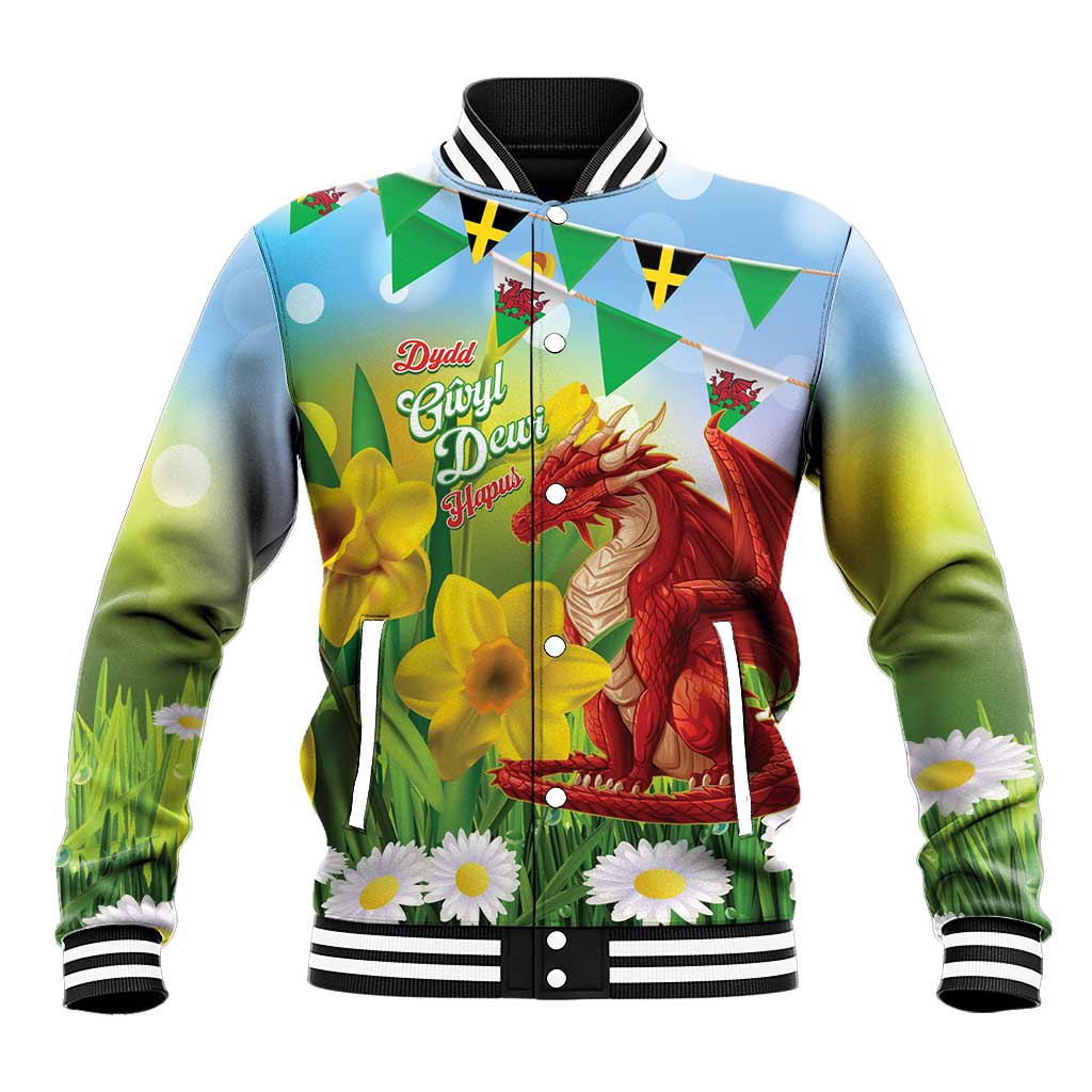 Wales Saint David's Day Baseball Jacket Dydd Gwyl Dewi Hapus Dragon Daffodil - Wonder Print Shop