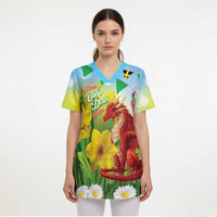 Wales Saint David's Day Scrub Top Dydd Gwyl Dewi Hapus Dragon Daffodil - Wonder Print Shop