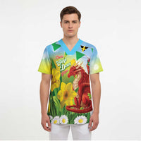 Wales Saint David's Day Scrub Top Dydd Gwyl Dewi Hapus Dragon Daffodil - Wonder Print Shop