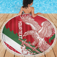 Round red Hungary football beach blanket with fringe border, winged lion center