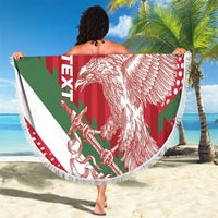 Round red, green and white Hungary beach blanket with fringe edge and winged lion