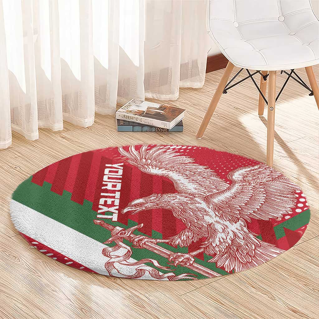Red round carpet with white eagle graphic and green-red flag pattern