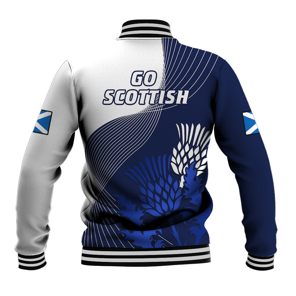 Back view baseball jacket with Go Scottish text, blue graphic, striped ribbed hem