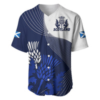 Baseball jersey in blue and white with thistle crest, Scotland logo, and button placket