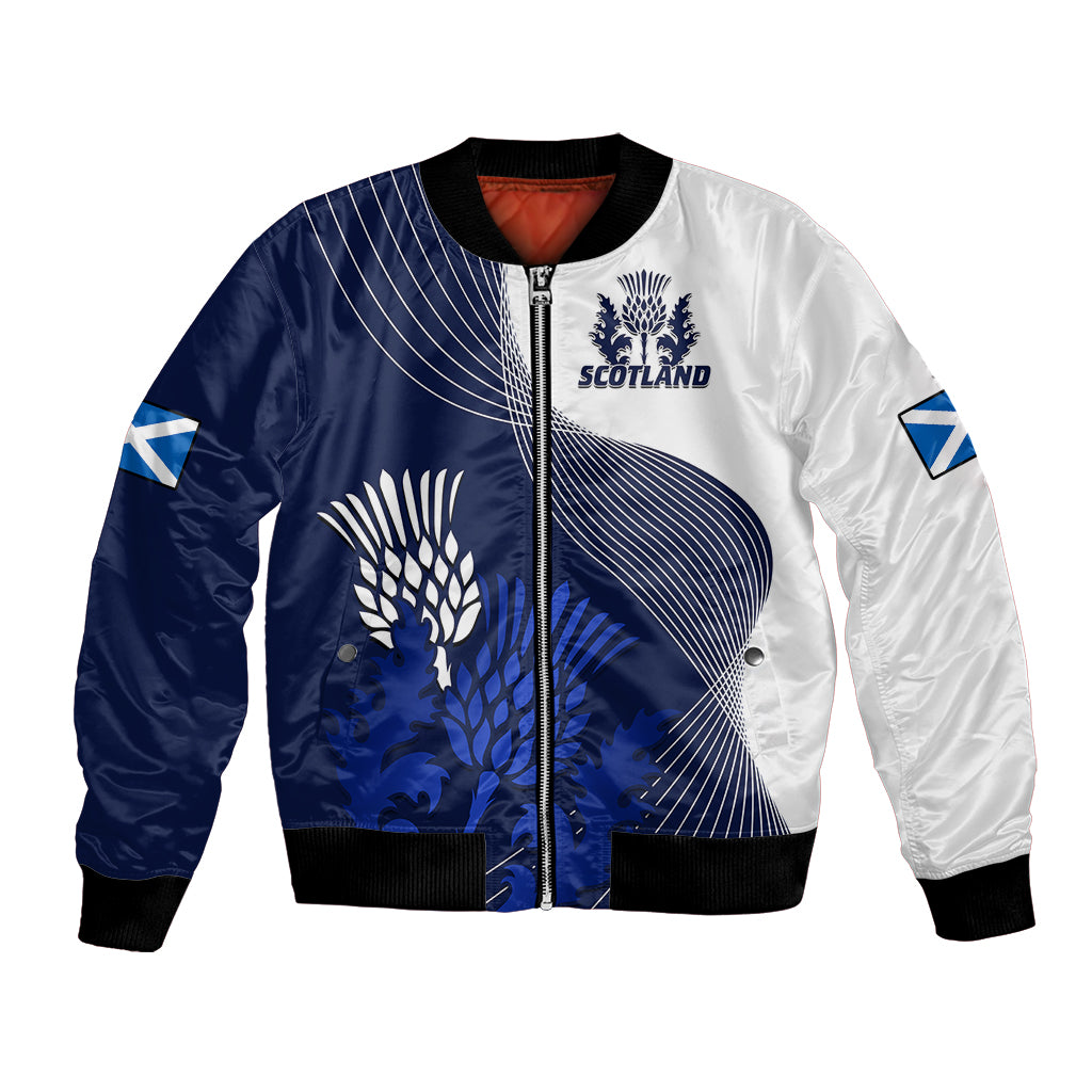 Blue/white bomber jacket with front zipper, thistle crest, black ribbed collar and cuffs.