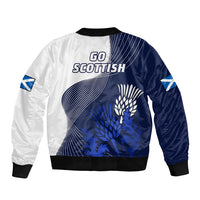 White and blue bomber jacket with back print, thistle graphic, black ribbed hem and cuffs.
