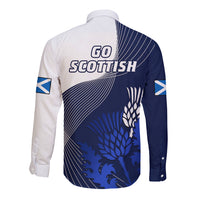 Long sleeve button shirt back in white and dark blue with “GO SCOTTISH” text and crest