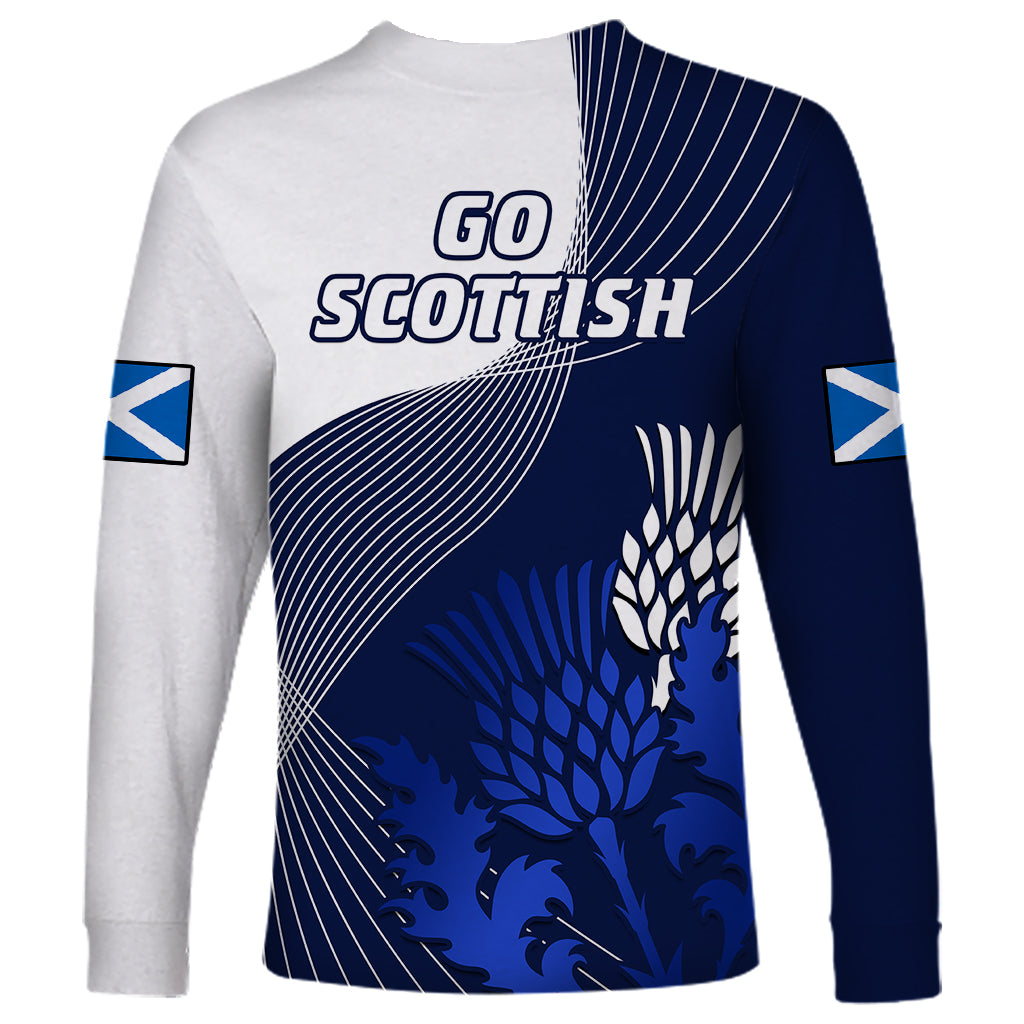 Long sleeve rugby shirt with GO SCOTTISH text, blue crest back graphic