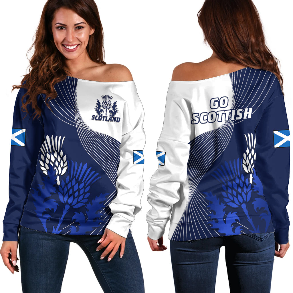 Scotland Rugby Off Shoulder Sweater Thistle Unique Go Scottish Blue Version - Wonder Print Shop