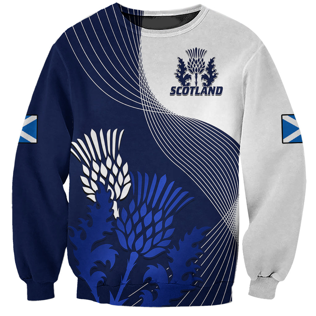 Unisex rugby sweatshirt in blue and light gray with Scotland crest thistle graphic