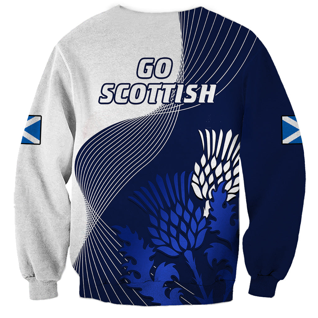 Unisex rugby sweatshirt blue and light gray, back print says Go Scottish