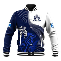 Blue and white rugby baseball jacket with striped rib collar and Scotland crest patch