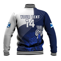 Rugby baseball jacket back with YOUR TEXT 14 graphic, striped ribbed hem and sleeves
