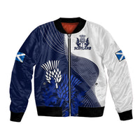 Blue and white bomber jacket with zip front, thistle crest, striped side graphics