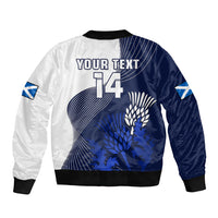 Blue and white bomber jacket back with custom text, number 14, crest and stripes