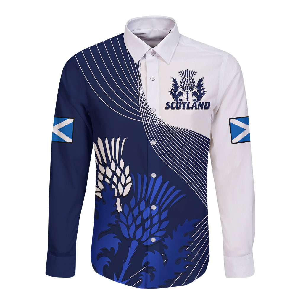 Scotland rugby long sleeve button shirt, navy/blue and white with thistle crest