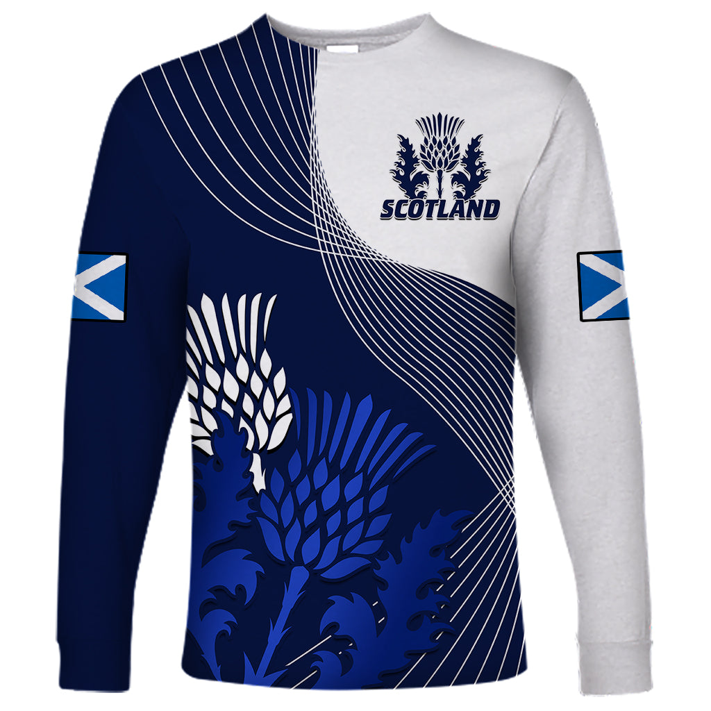 (Custom Text And Number) Scotland Rugby Long Sleeve Shirt Thistle Unique Go Scottish Blue Version - Wonder Print Shop