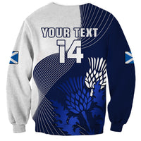 Crewneck sweatshirt back, white/blue with custom text and large 14 graphic